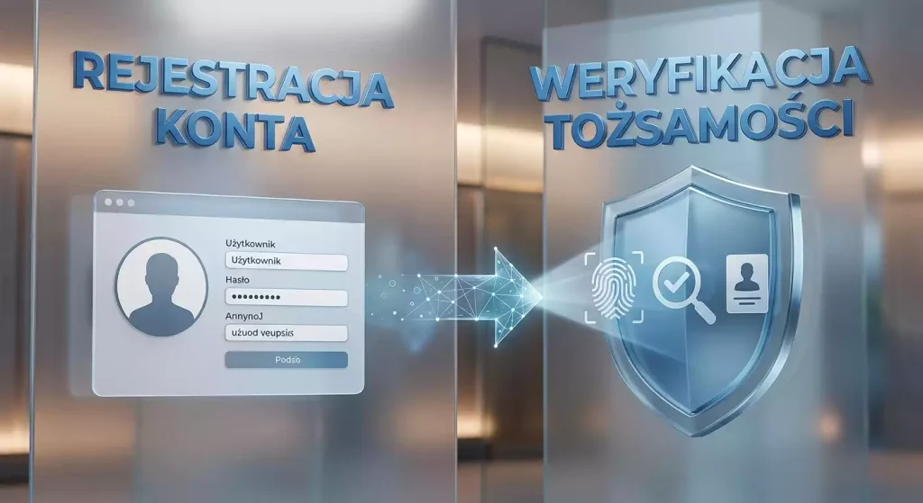 Ilustracja procesu zakładania konta i późniejszej weryfikacji tożsamości