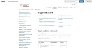Zrzut oficjalnej strony Ministerstwa Finansów dotyczącej legalnego hazardu online w Polsce